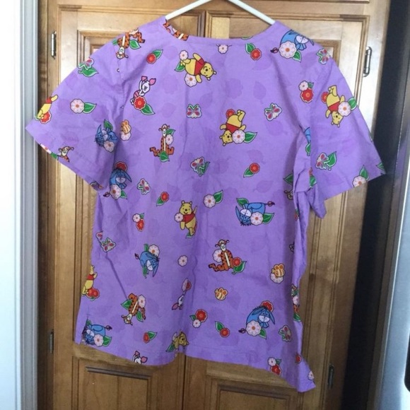 Disney Womens Medical Scrub Top Winnie the Pooh Tigger Eeyore Piglet Purple - Picture 2 of 11